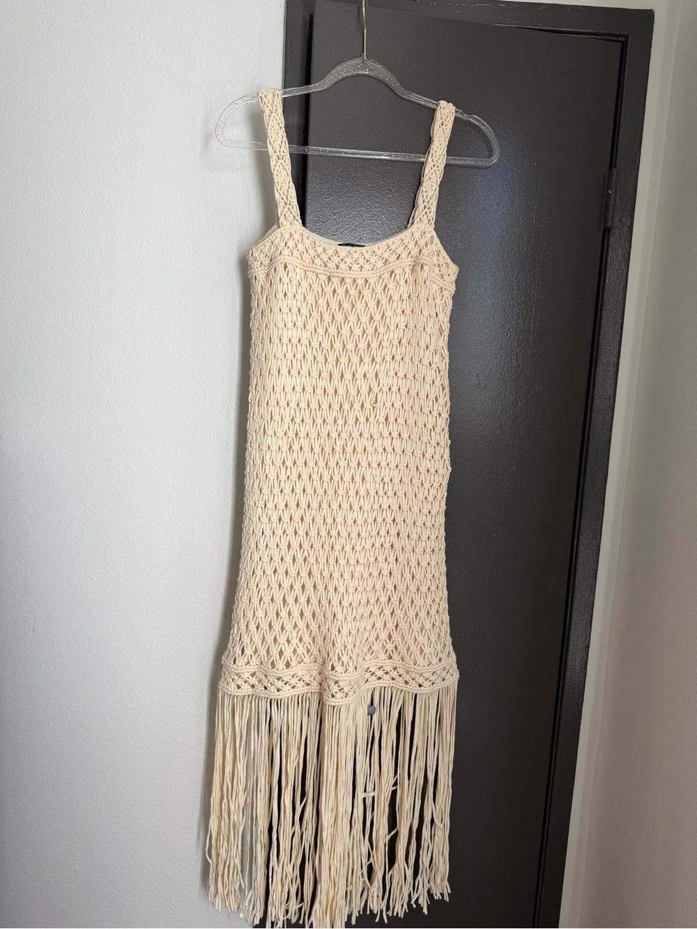 Massimo Dutti Cream Crochet Fringe Tank